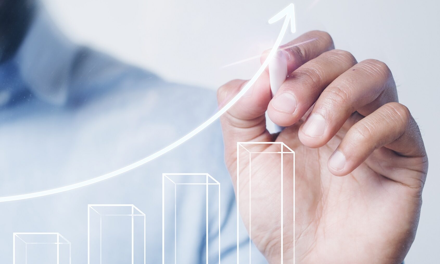 Man giving a bar graph presentation using a high technology digi